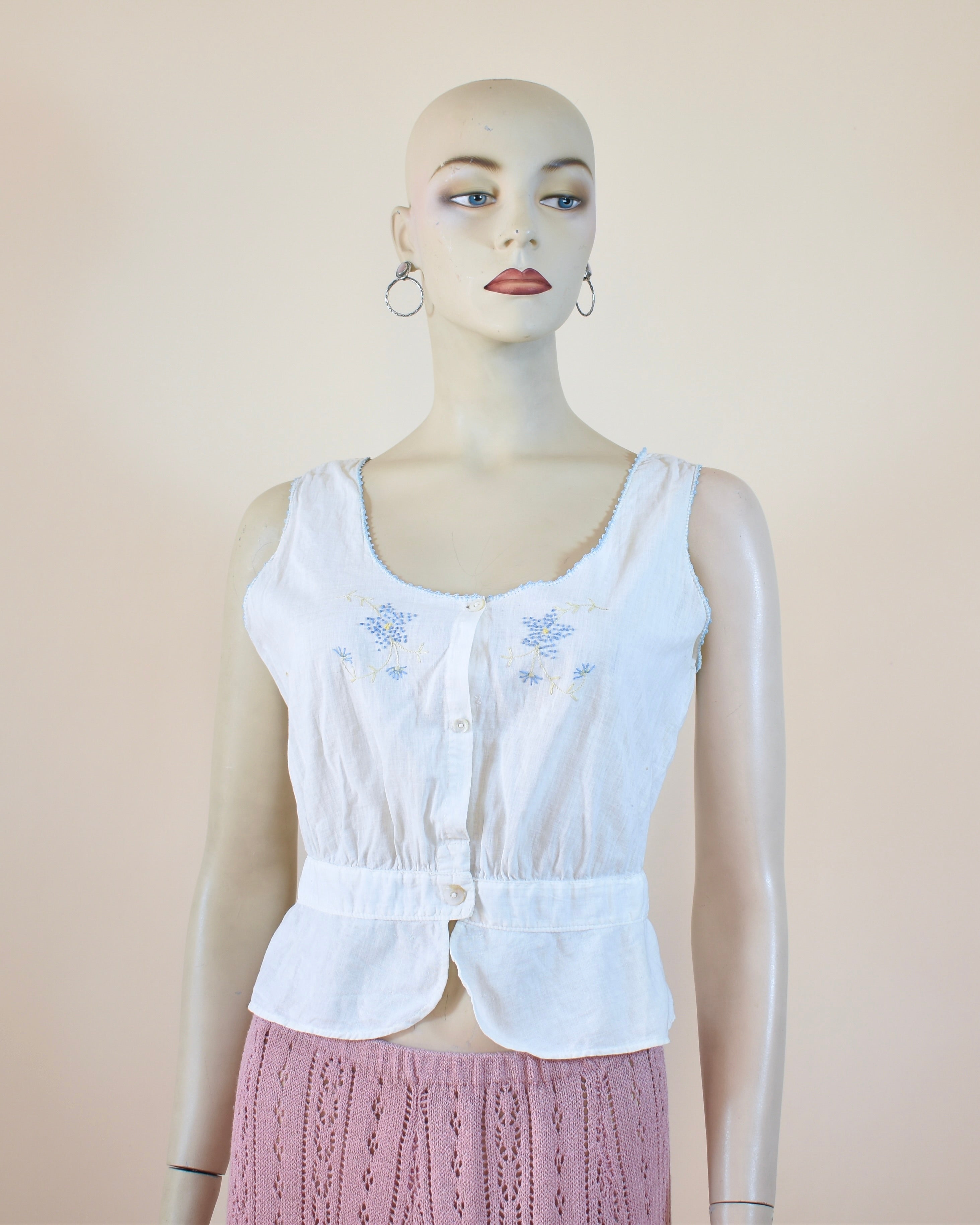 Antique Corset Cover with Blue Floral Embroidery