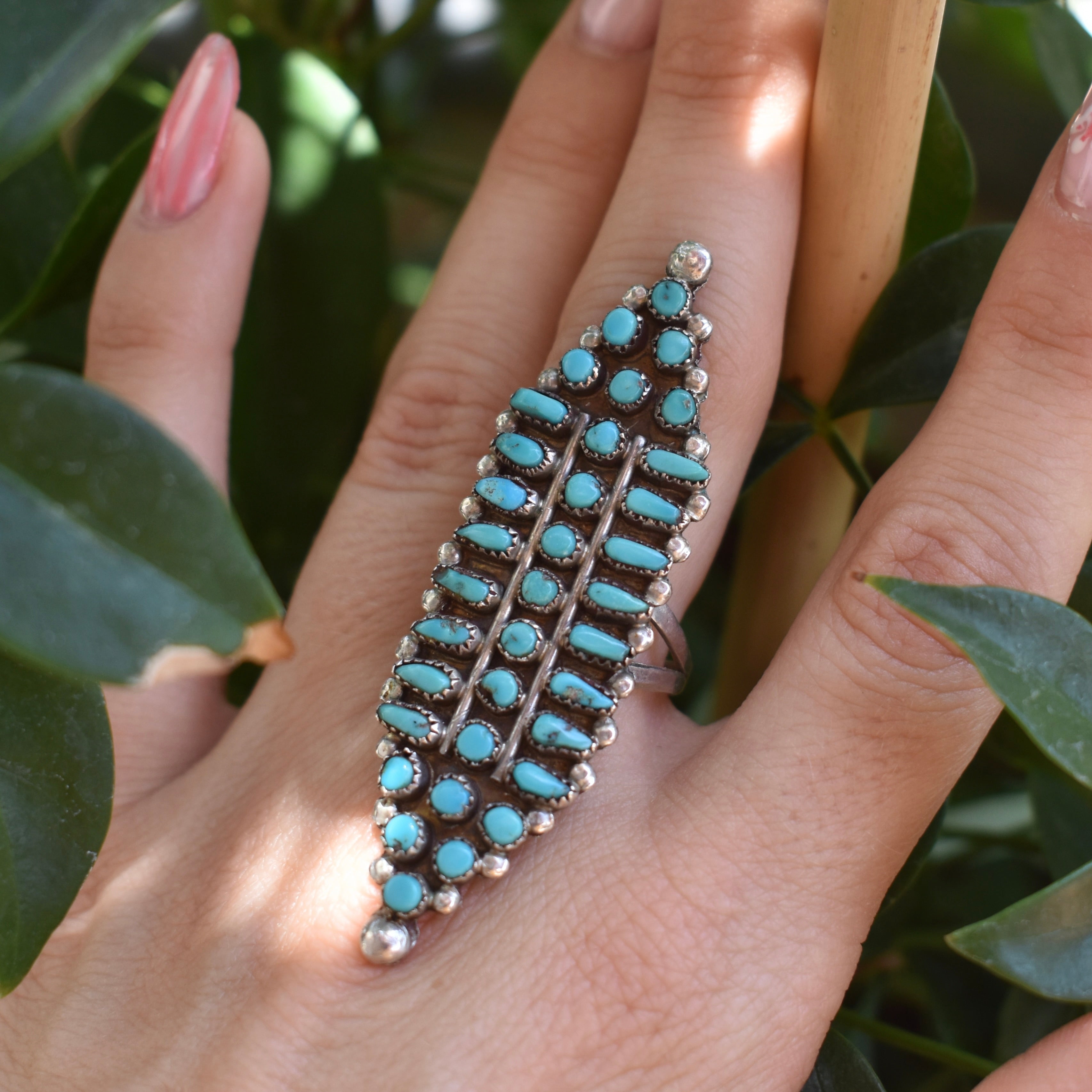 Zuni Sterling Silver and Turquoise Petit Point Elongated Ring