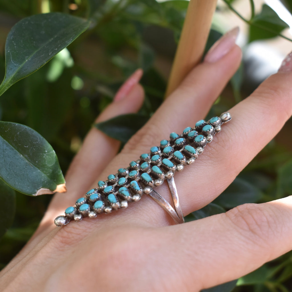 Zuni Sterling Silver and Turquoise Petit Point Elongated Ring