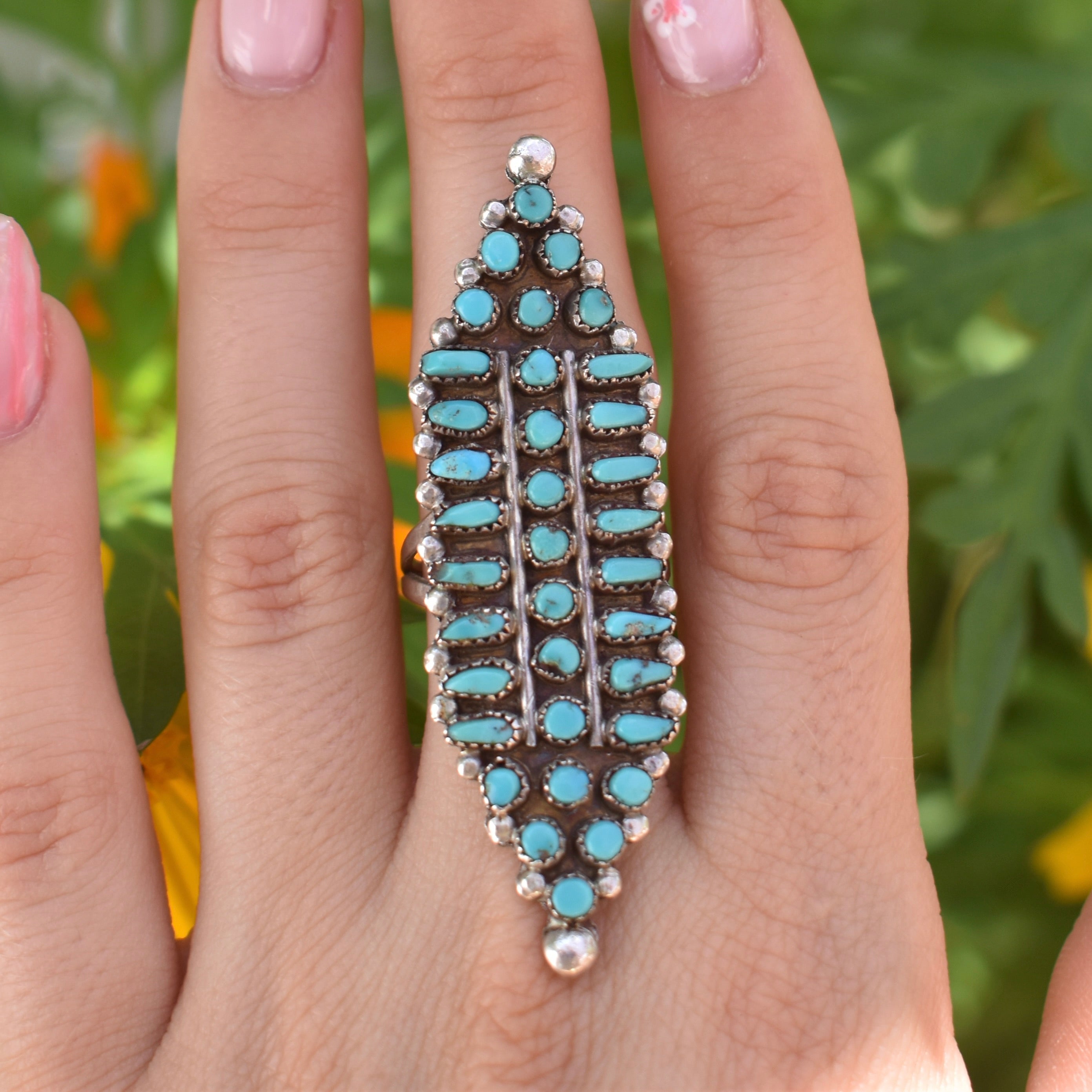 Zuni Sterling Silver and Turquoise Petit Point Elongated Ring