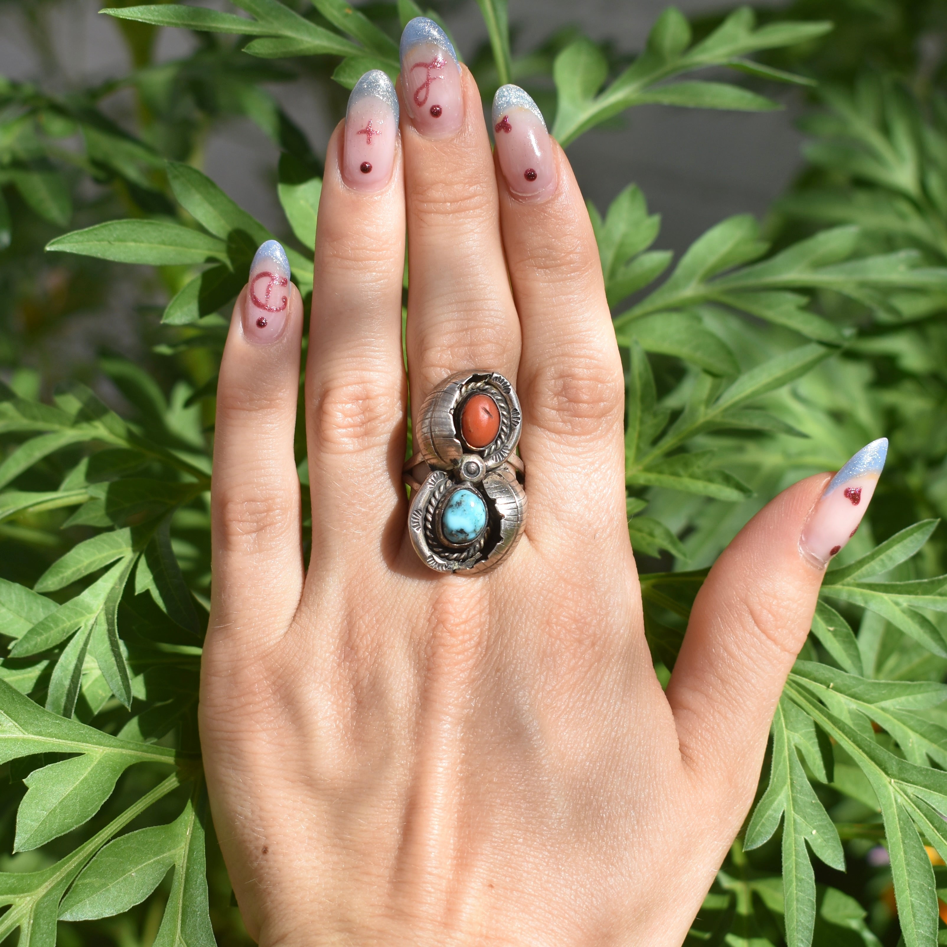 Vintage Navajo sterling silver ring with turquoise and red Mediterranean cora