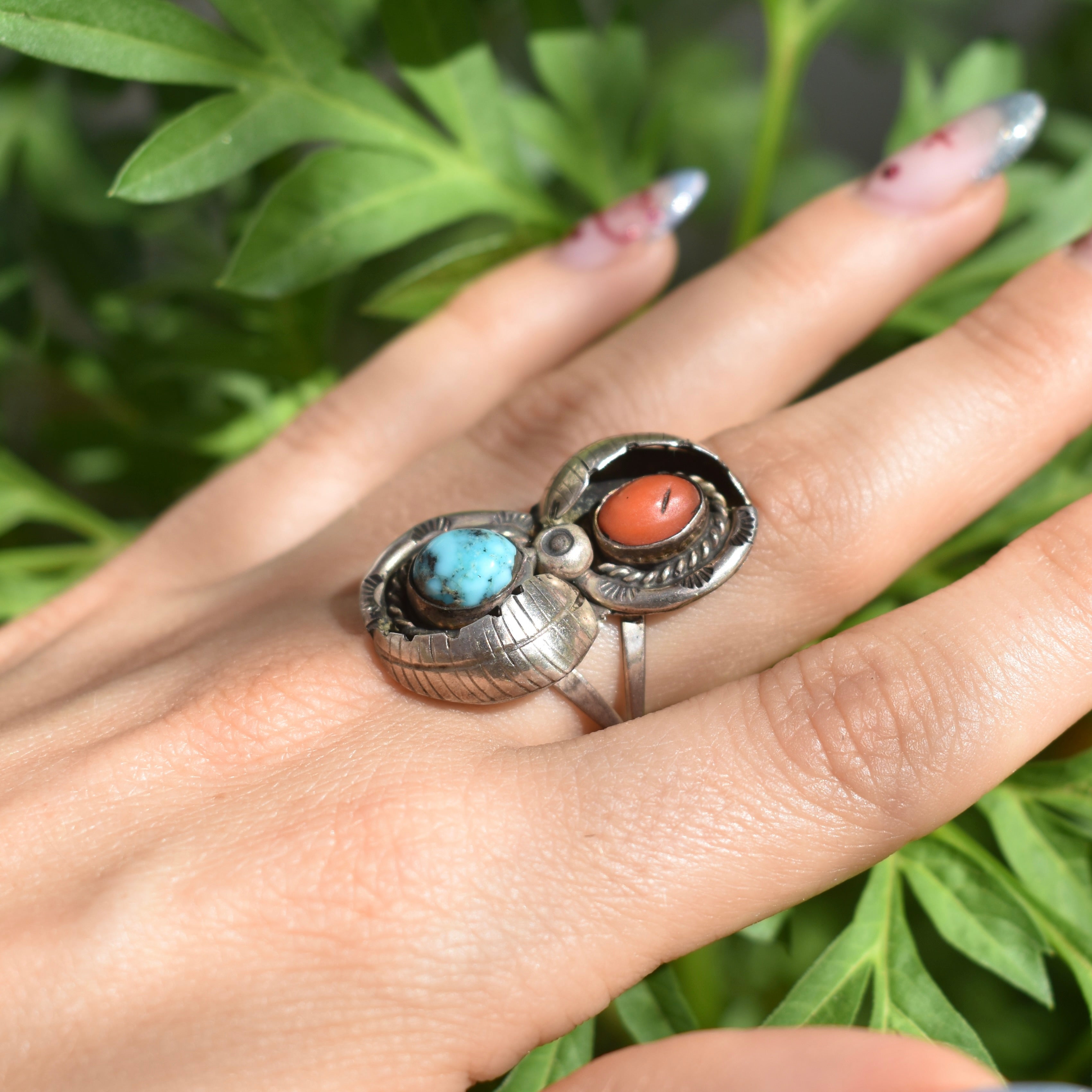 Vintage Navajo sterling silver ring with turquoise and red Mediterranean cora