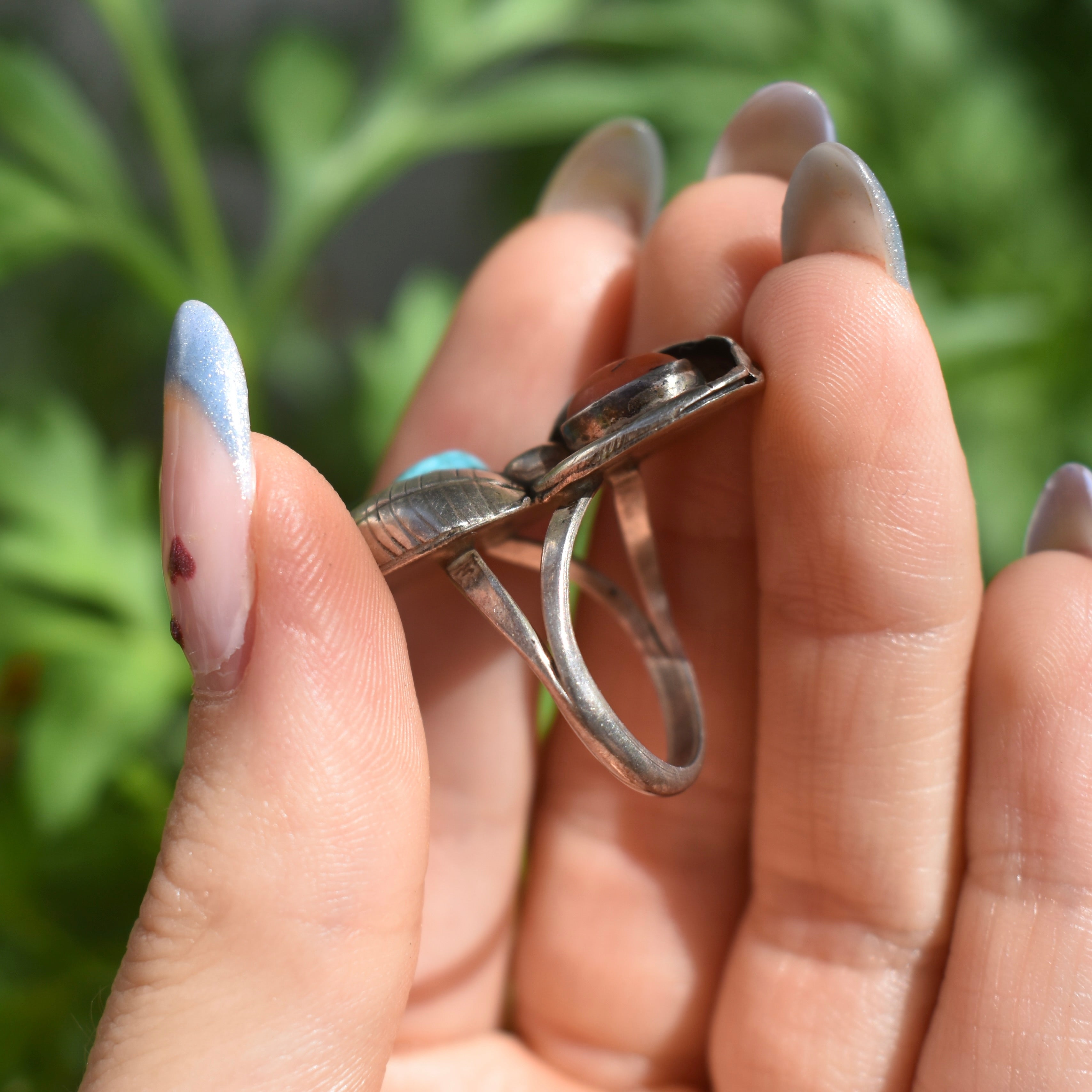 Vintage Navajo sterling silver ring with turquoise and red Mediterranean cora